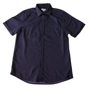 Haggar Button Up Shirt Men M Blue Red AOP Short Sleeve Pocket Casual Office